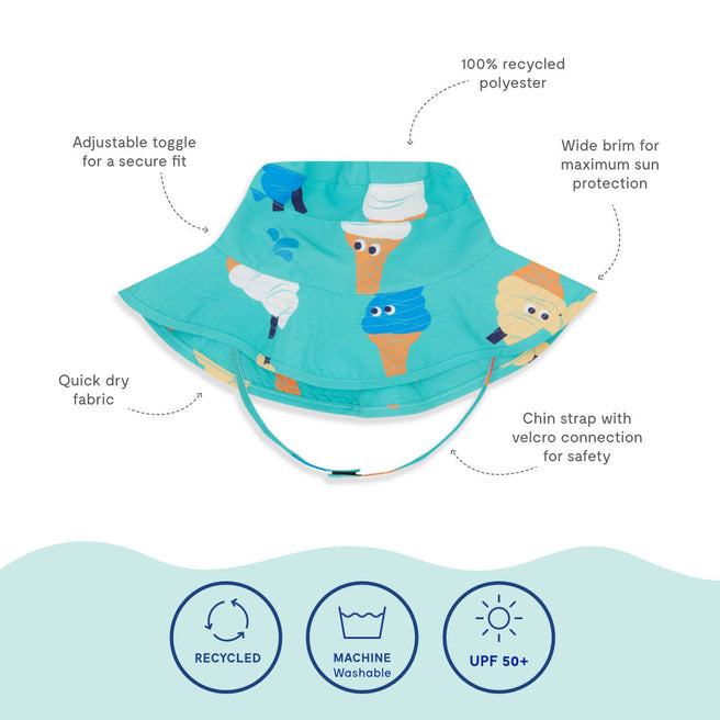 UV Protective Sun Hat Green Ice Cream with adjustable toggle, quick dry fabric, chin strap, wide brim for maximum sun protection.